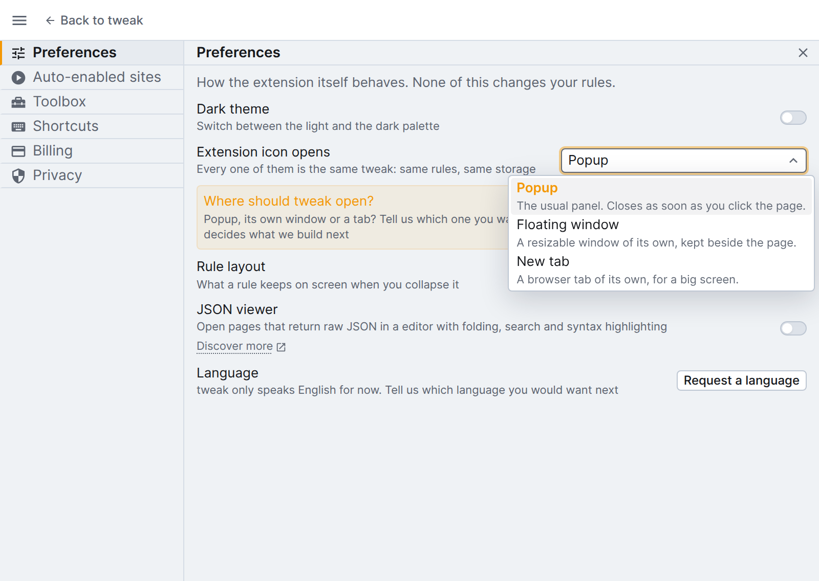 the extension icon opens preference, with popup, floating window and new tab
