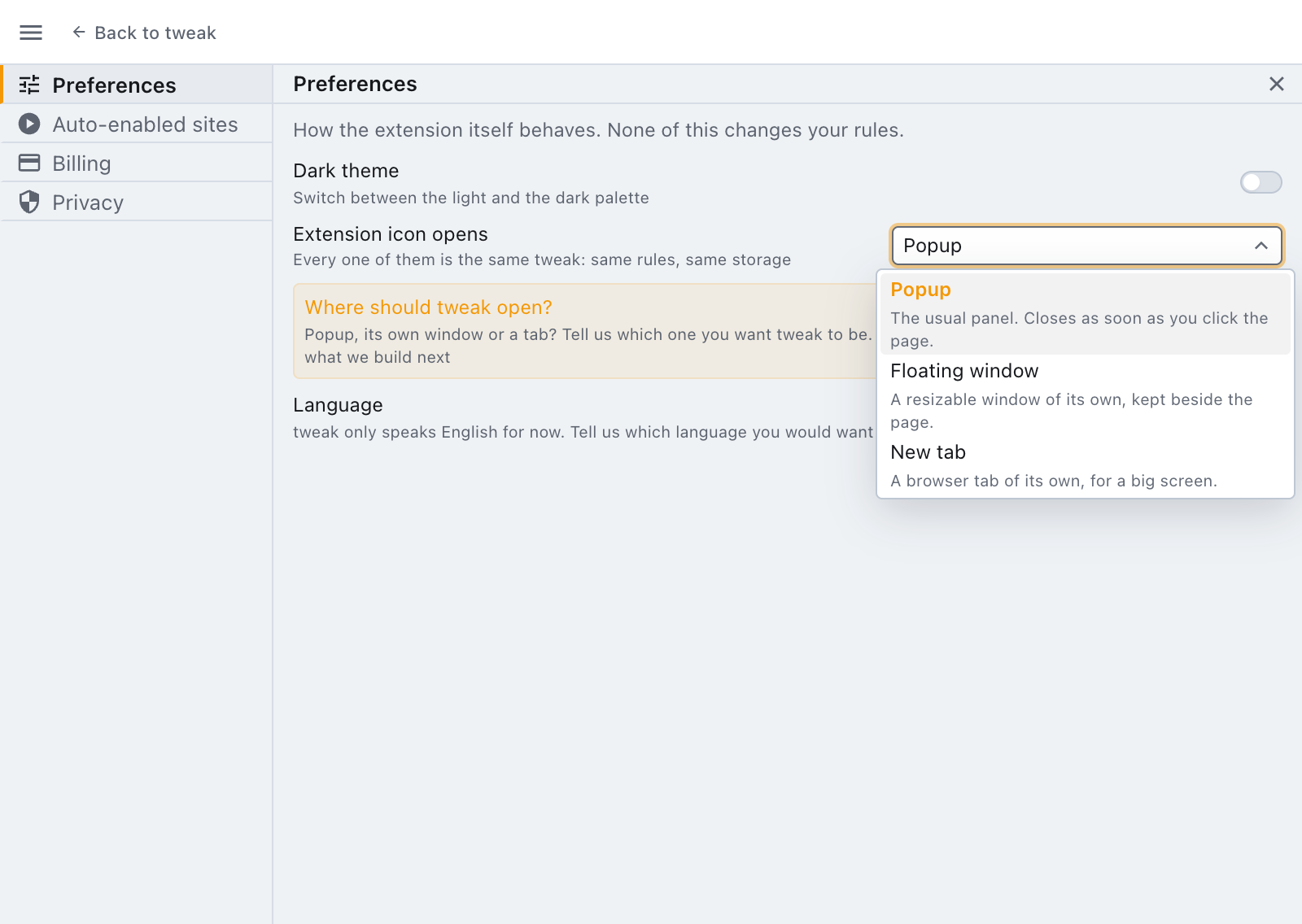the extension icon opens preference, with popup, floating window and new tab