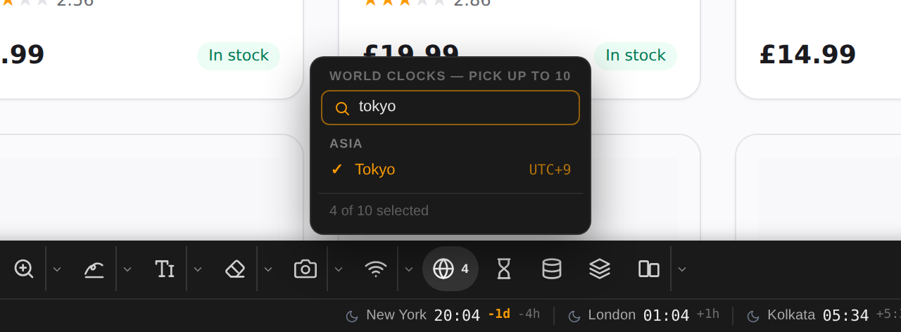 Picking the cities The world clocks list, searched for Tokyo, with four cities picked